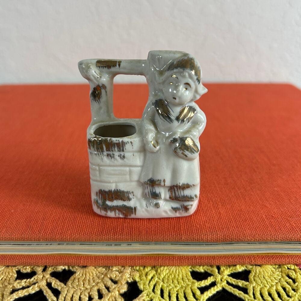 1940s  Made in Japan- Dutch toothpick holder- Girl Wishing Well- white golden